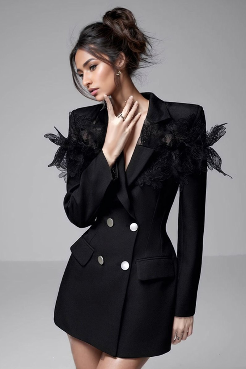 Lace Shoulder Trim Double Breasted Long Sleeve Mini Blazer Dress 5
