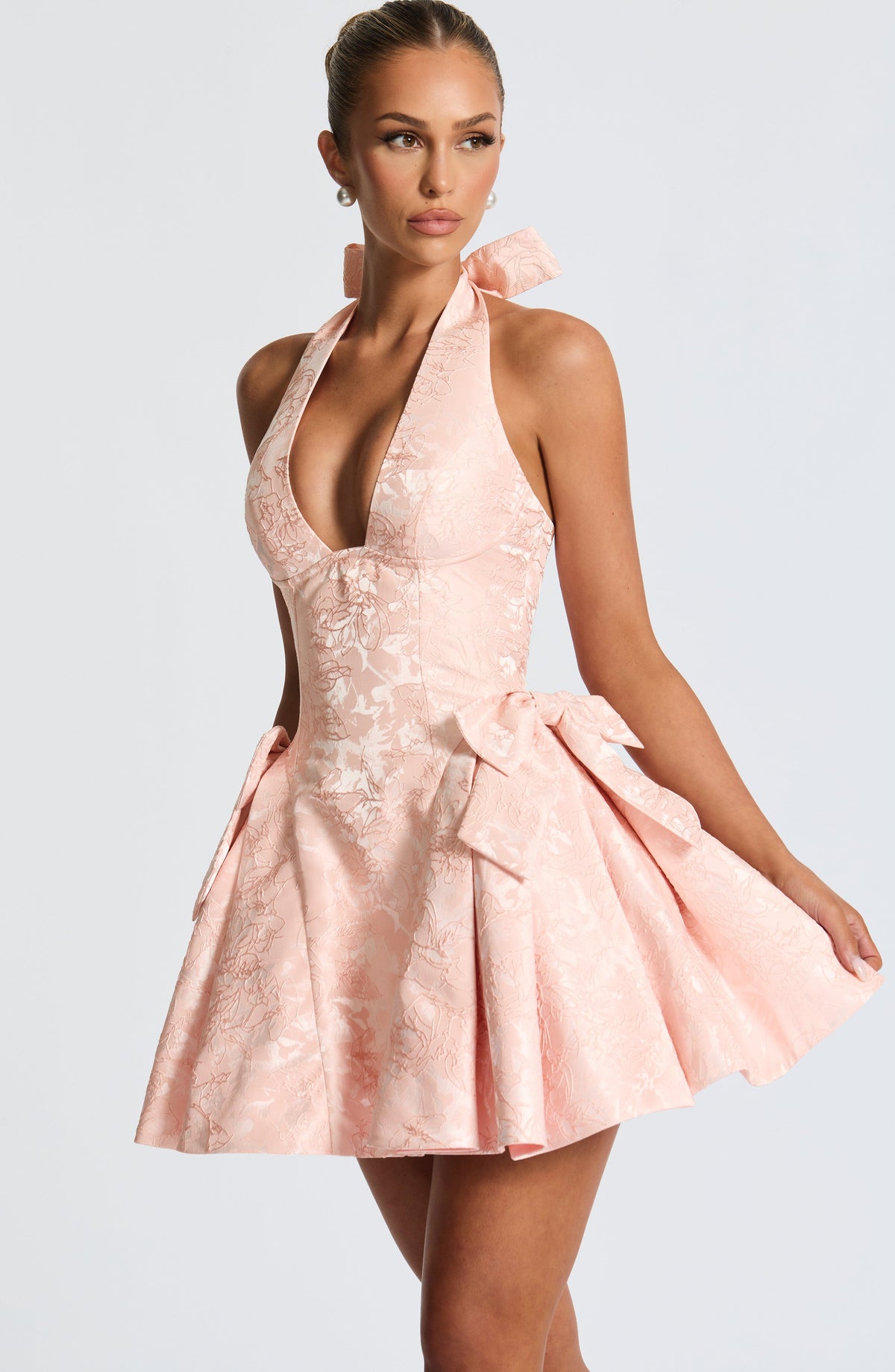Floral Jacquard Plunge Halter Neck Bow Detail Fit and Flare Mini Dress 5