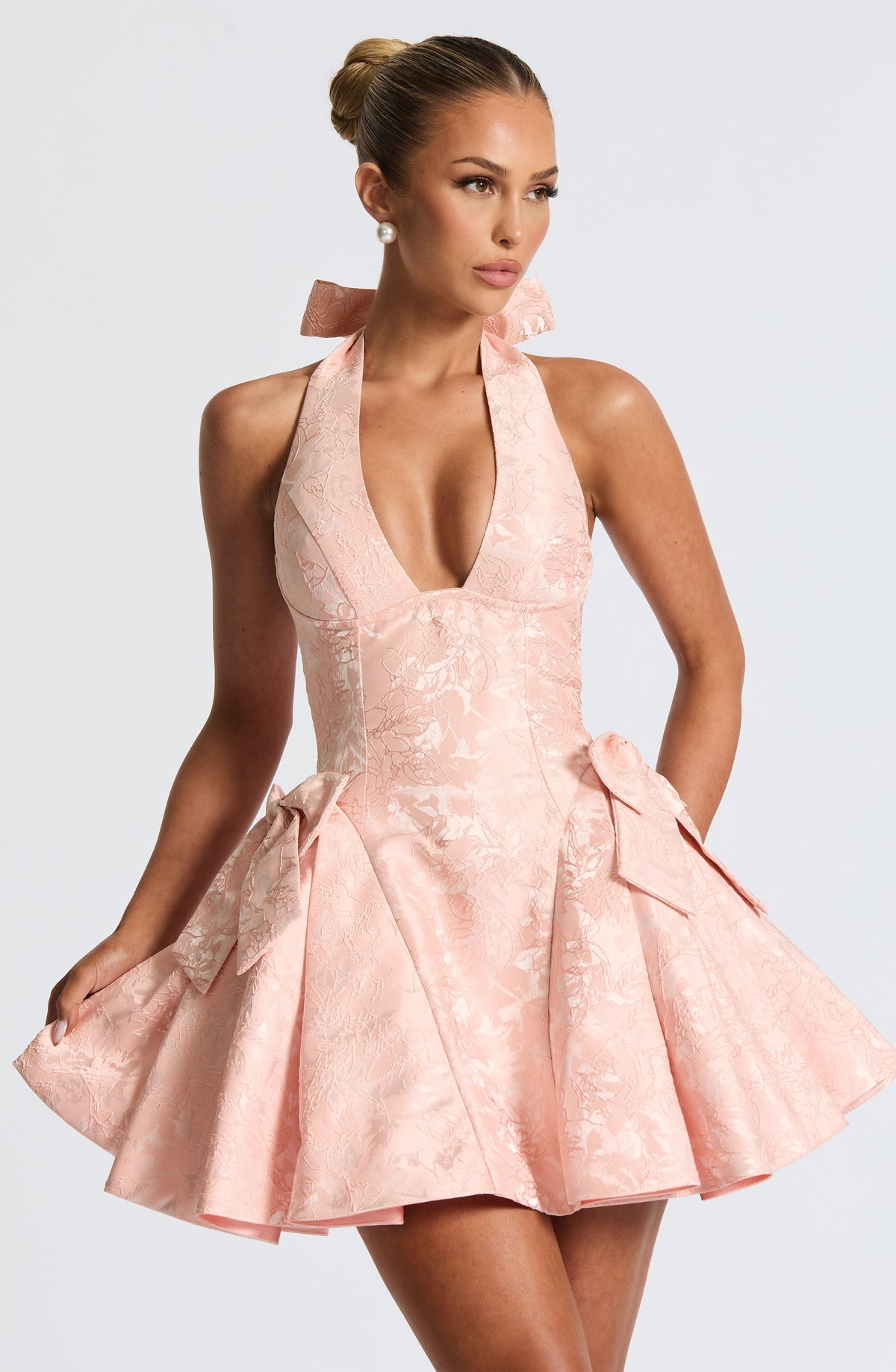 Floral Jacquard Plunge Halter Neck Bow Detail Fit and Flare Mini Dress 6