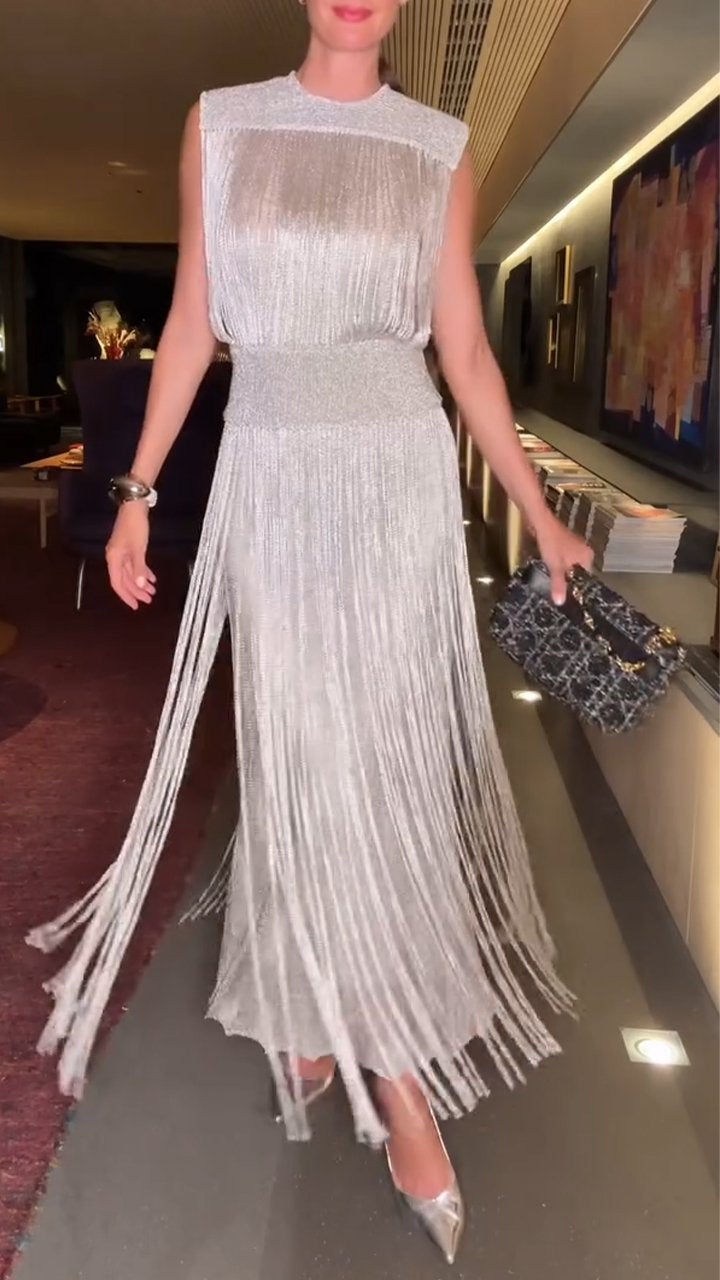 High Neck Sleeveless Fringe Midi Dress Party 2