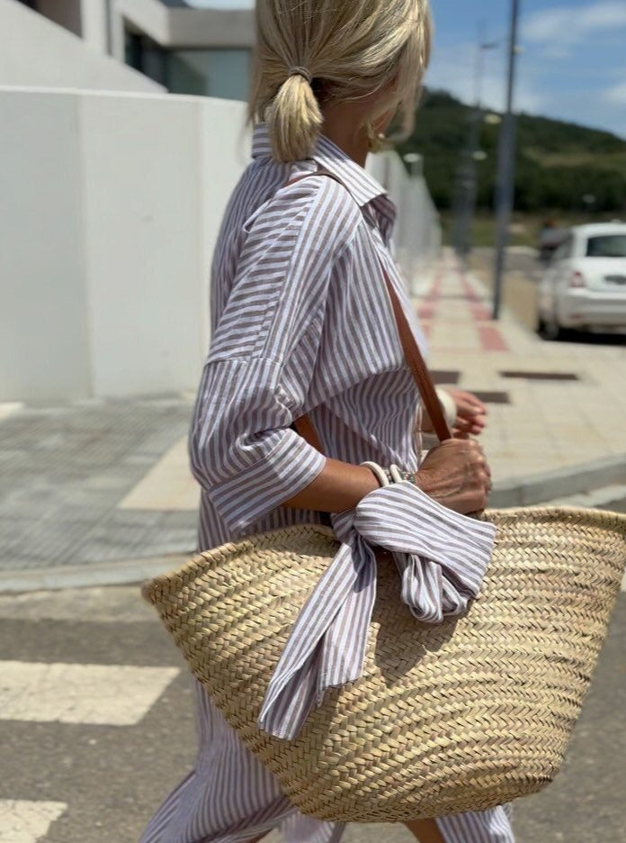 Vertical Stripe Button Down Long Sleeve High Split Midi Shirt Dress