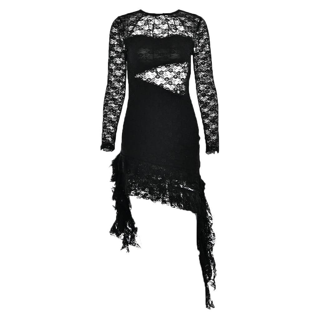 Lace backless solid ruffle long sleeve irregular mini dress 2