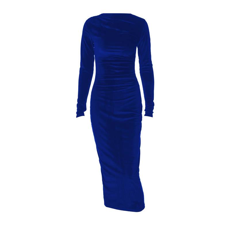 Velvet solid ruched long sleeve midi dress - View 9
