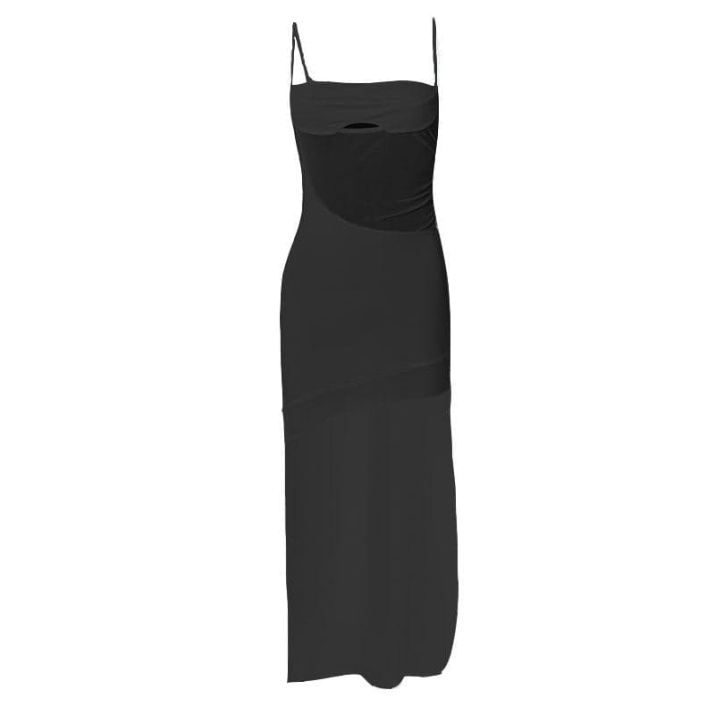 Solid irregular hollow out mesh backless cami mini dress 7