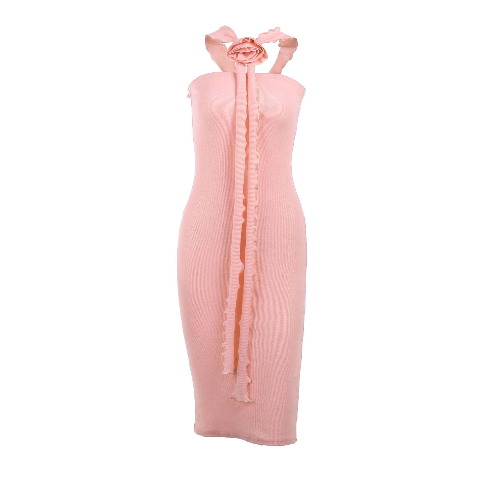 Ribbed Knit Halter Neck Flower Applique Ruffle Bodycon Midi Dress