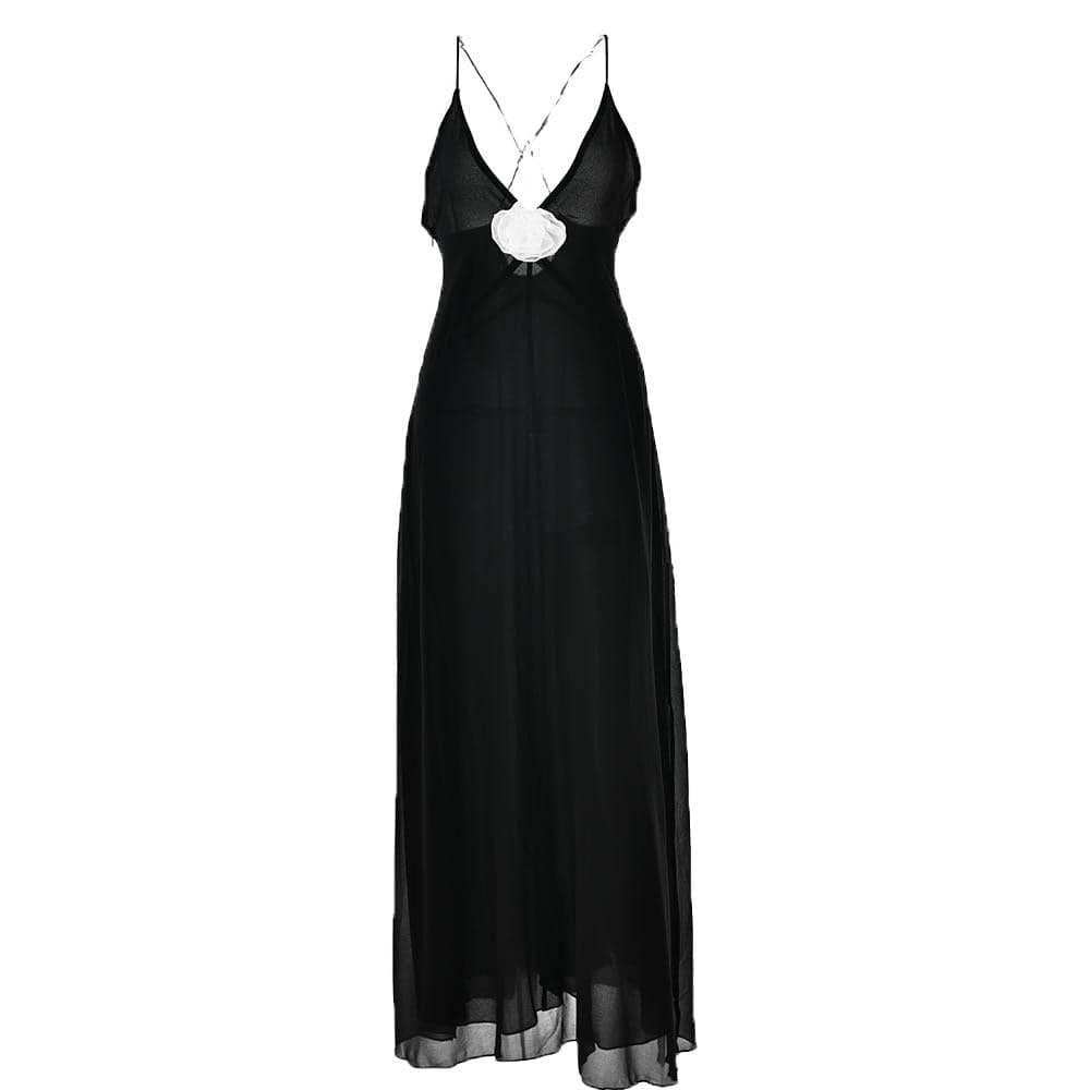 Flower applique v neck ruched zip-up cross back maxi dress - View 2