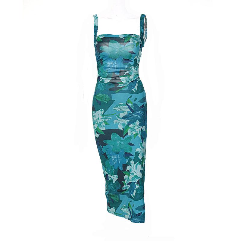 Sleeveless contrast print slit backless self tie hollow out midi dress