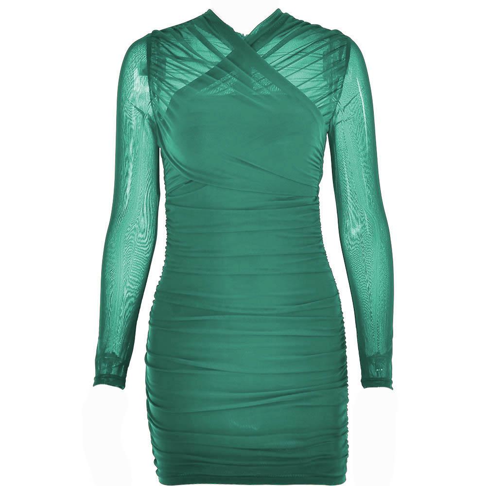 Cross Front Mesh Ruched Long Sleeve Mini Dress