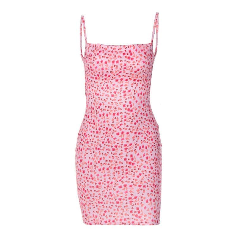Flower print square neck backless contrast mini dress
