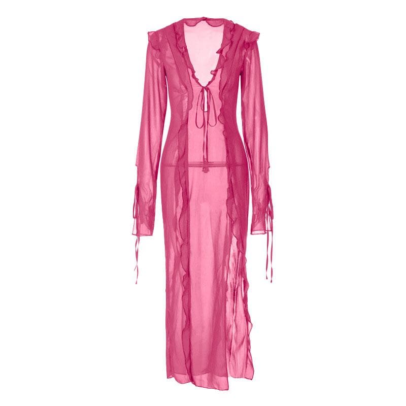Slit chiffon see through long sleeve v neck self tie maxi dress 3
