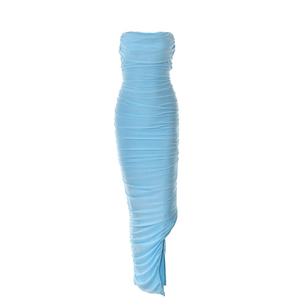 Mesh Zip Up Halter Ruched High Split Tube Dress - View 2