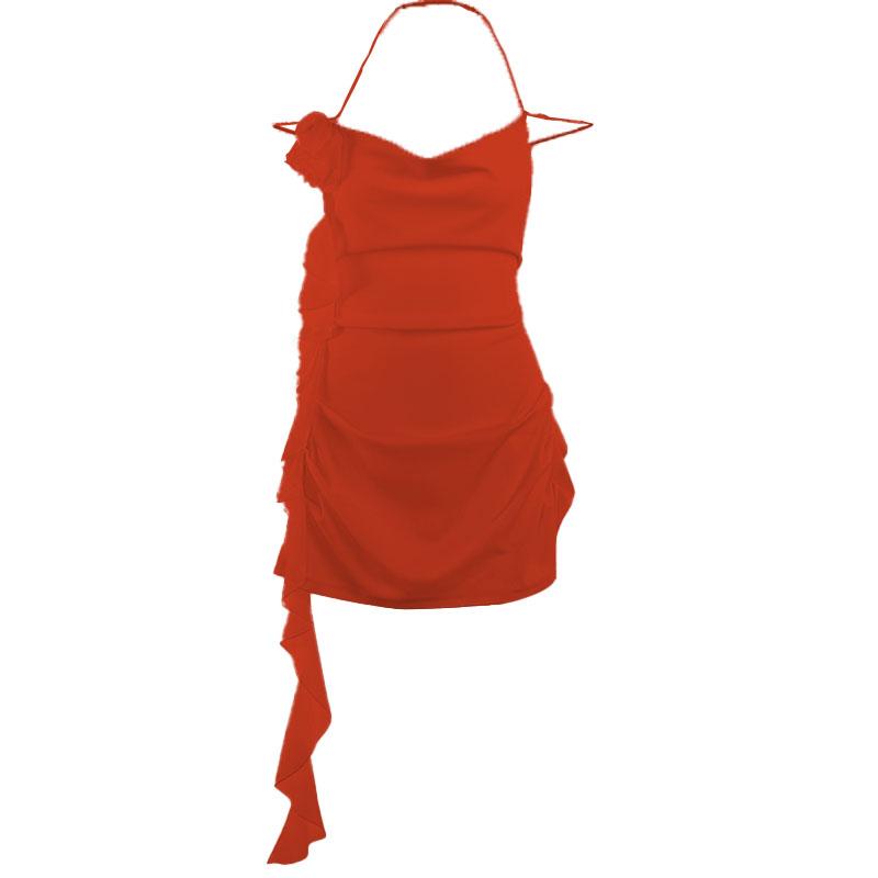 Cowl Neck Halter Flower Applique Ruffle Bodycon Mini Dress