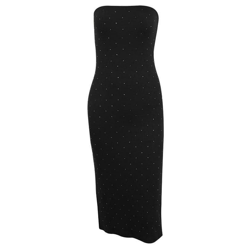 Solid beaded slit backless tube midi dress