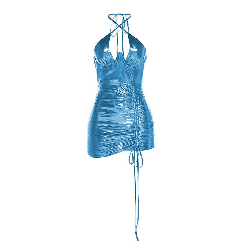 Metallic Halter Neck Ruched Drawstring Bodycon Mini Dress