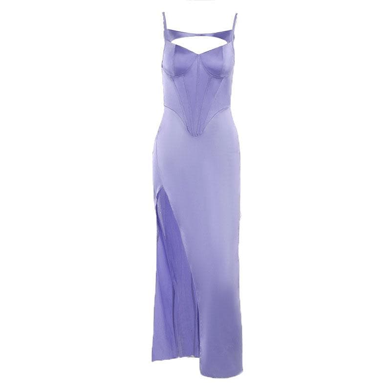 Satin Spaghetti Strap Corset Cut Out High Split Maxi Dress
