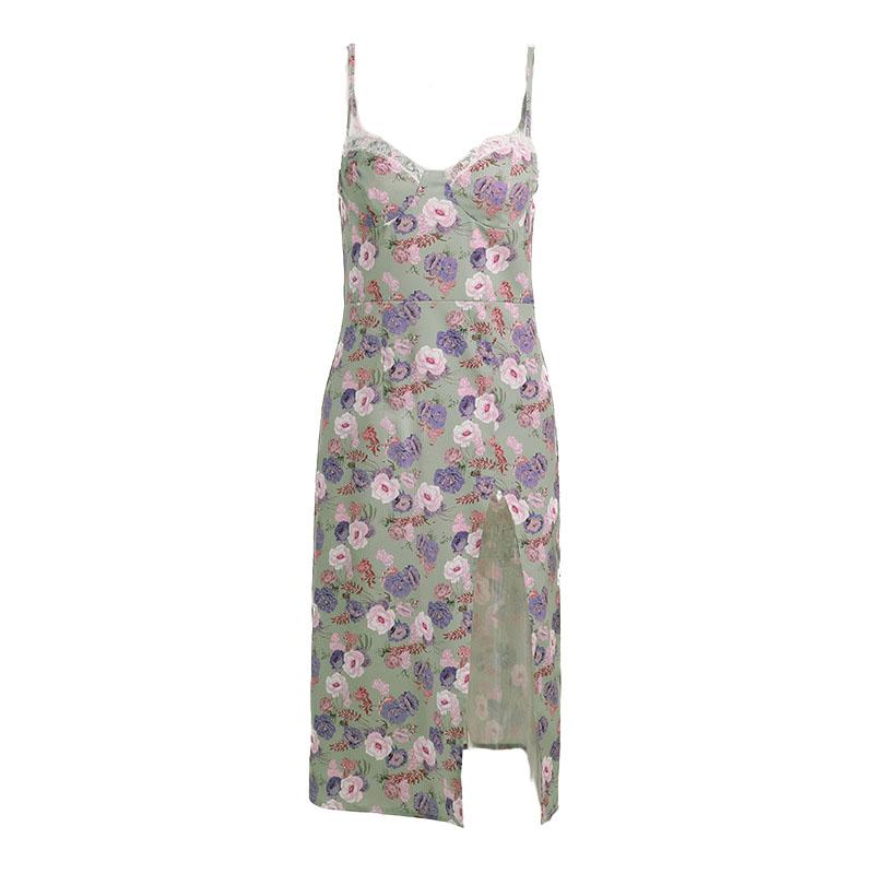 Sleeveless slit lace hem backless flower pattern print cami dress - View 2
