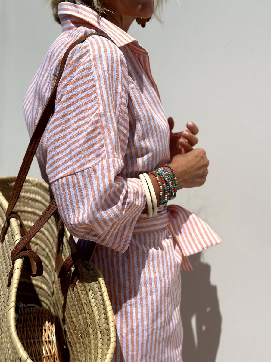 Vertical Stripe Button Down Long Sleeve High Split Midi Shirt Dress