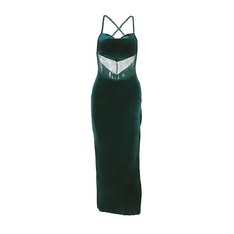 Velvet Lace Insert Waist Spaghetti Strap High Split Midi Dress 8