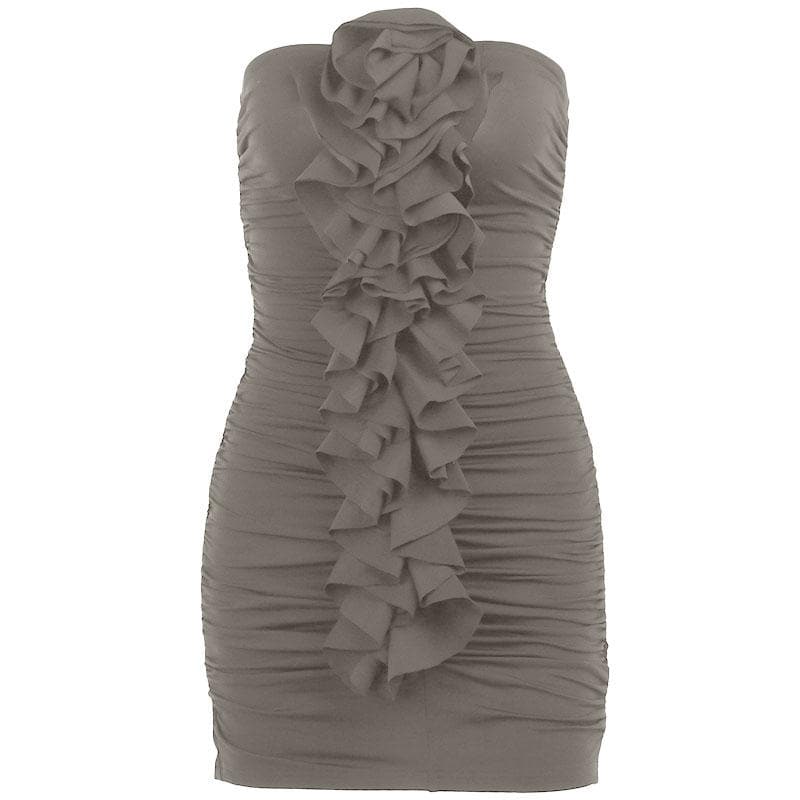 Strapless Ruched Floral Applique Ruffle Bodycon Mini Dress