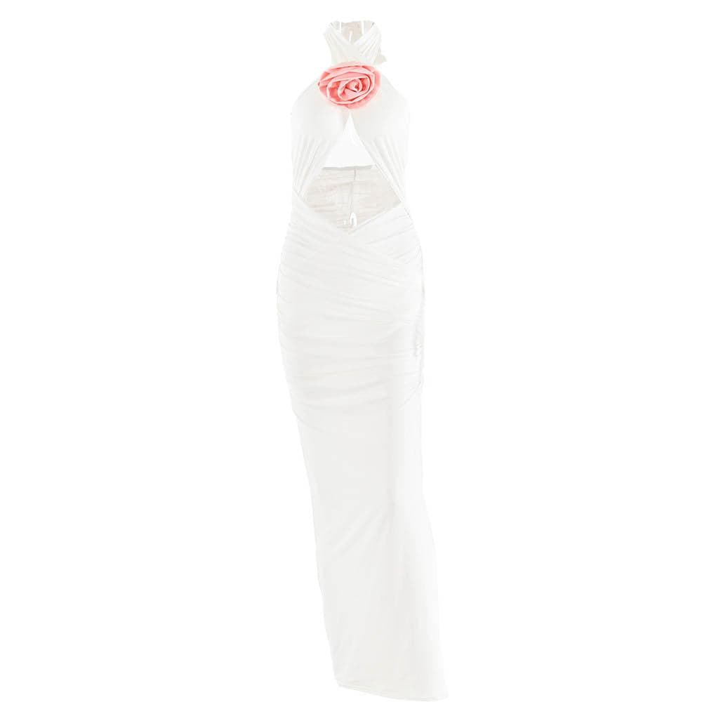 Halter Neck Flower Applique Cut Out Ruched Bodycon Maxi Dress