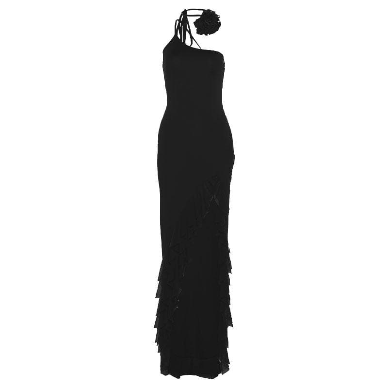 Solid one shoulder irregular ruffle flower applique maxi dress - View 8