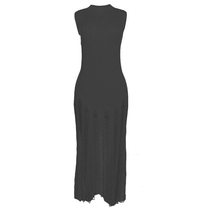 Ribbed Knit Mock Neck Sleeveless Distressed Shredded Maxi Dress