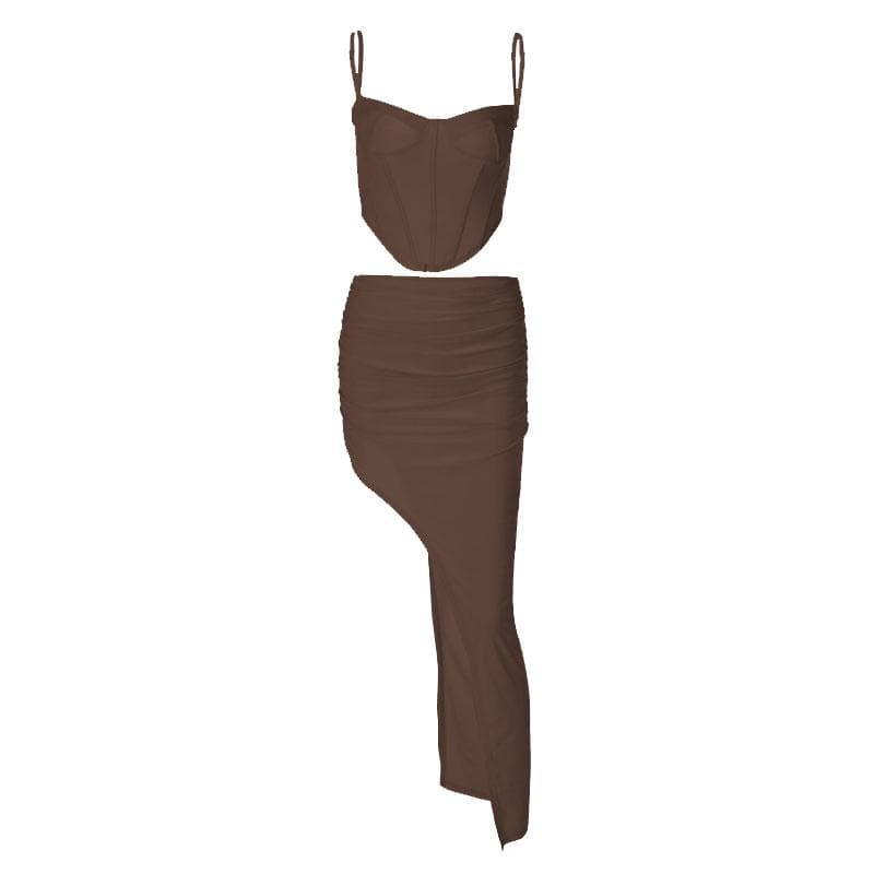 Low Cut Corset Ruched Backless High Split Maxi Dress