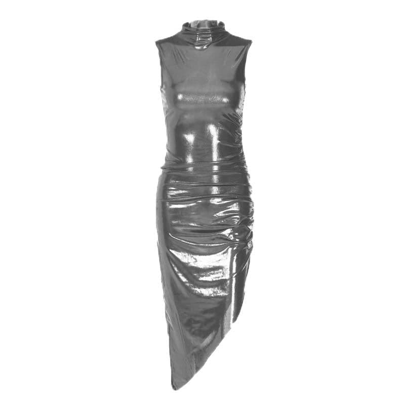 Metallic irregular high neck sleeveless ruched midi dress - View 3