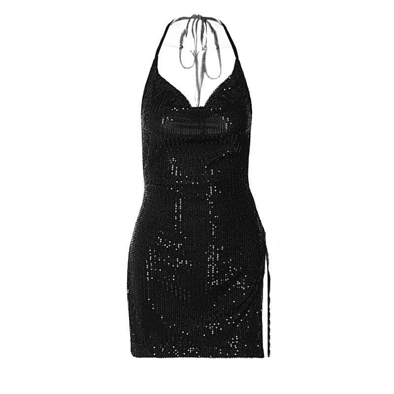 Glitter Cowl Neck Halter Backless High Split Bodycon Mini Dress