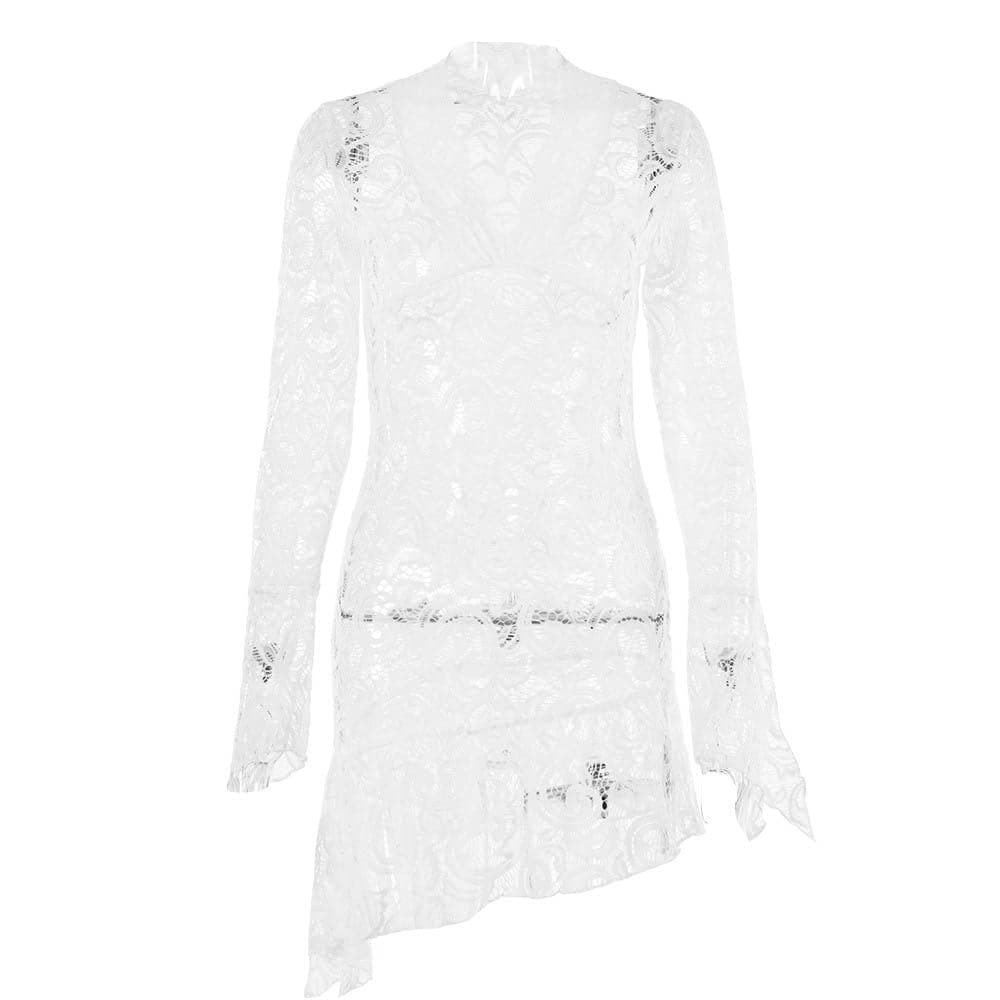 Sheer Lace V-Neck Flared Long Sleeve Asymmetric Hem Mini Dress 13