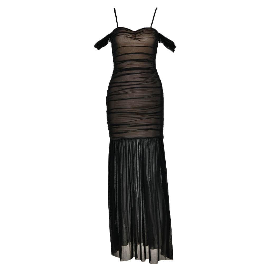 Mesh off shoulder ruched patchwork backless maxi dress 2
