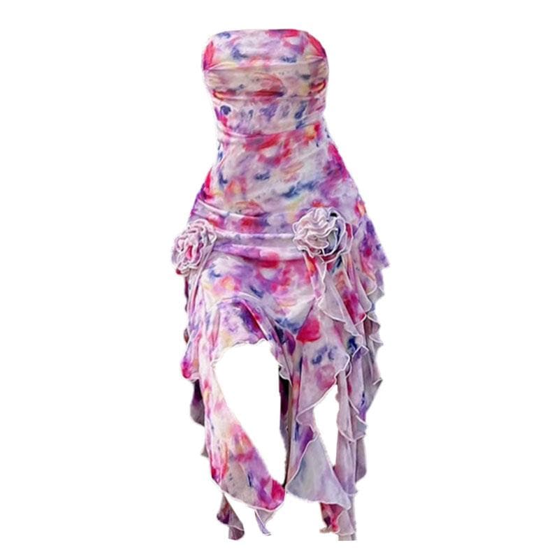 Star Print One Shoulder Flower Applique Ruffle High Low Mini Dress