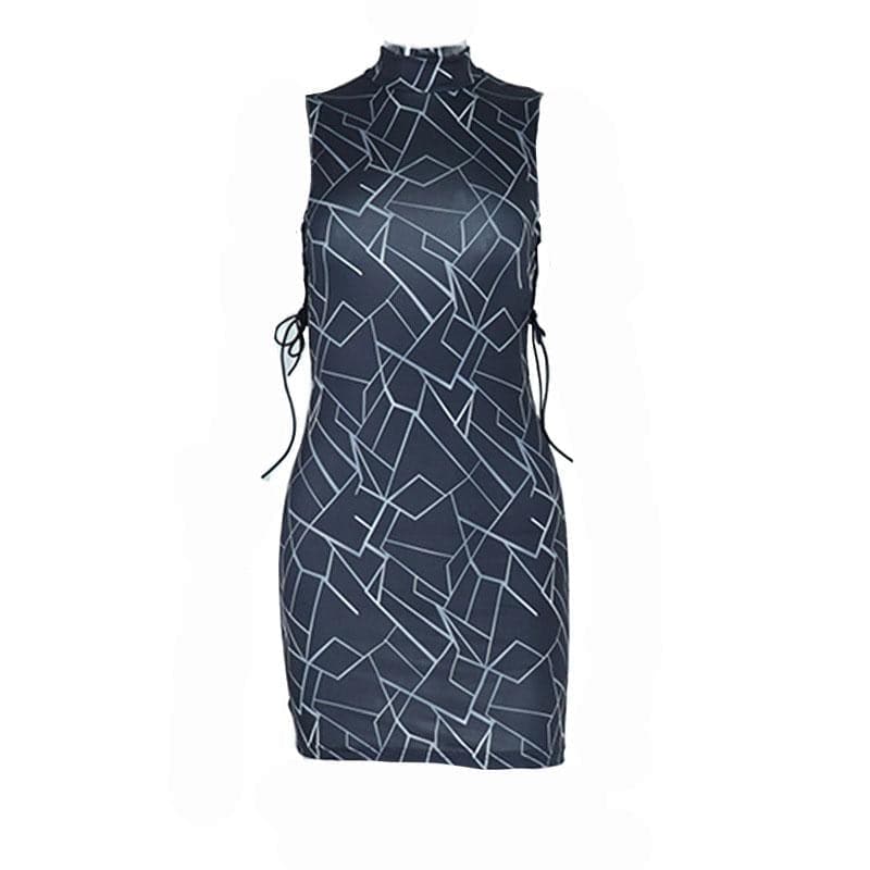 Sleeveless contrast hollow out lace up self tie mini dress - View 2