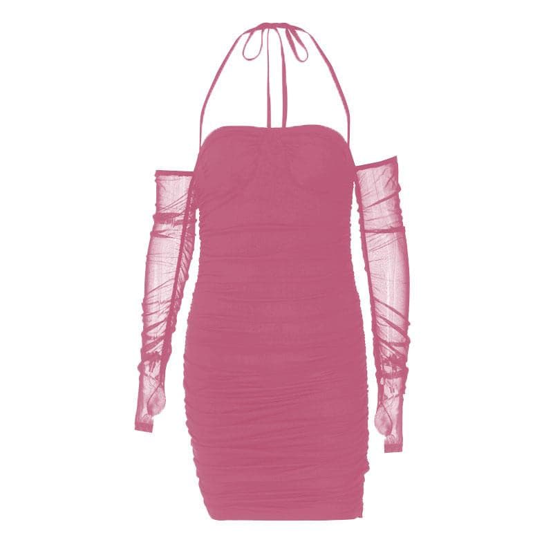 Mesh Glove Halter Neck Ruched Bodycon Mini Dress