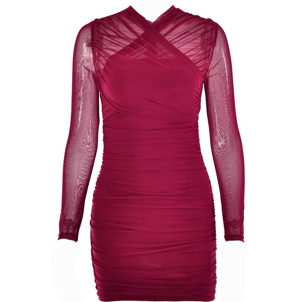 Cross Front Mesh Ruched Long Sleeve Mini Dress