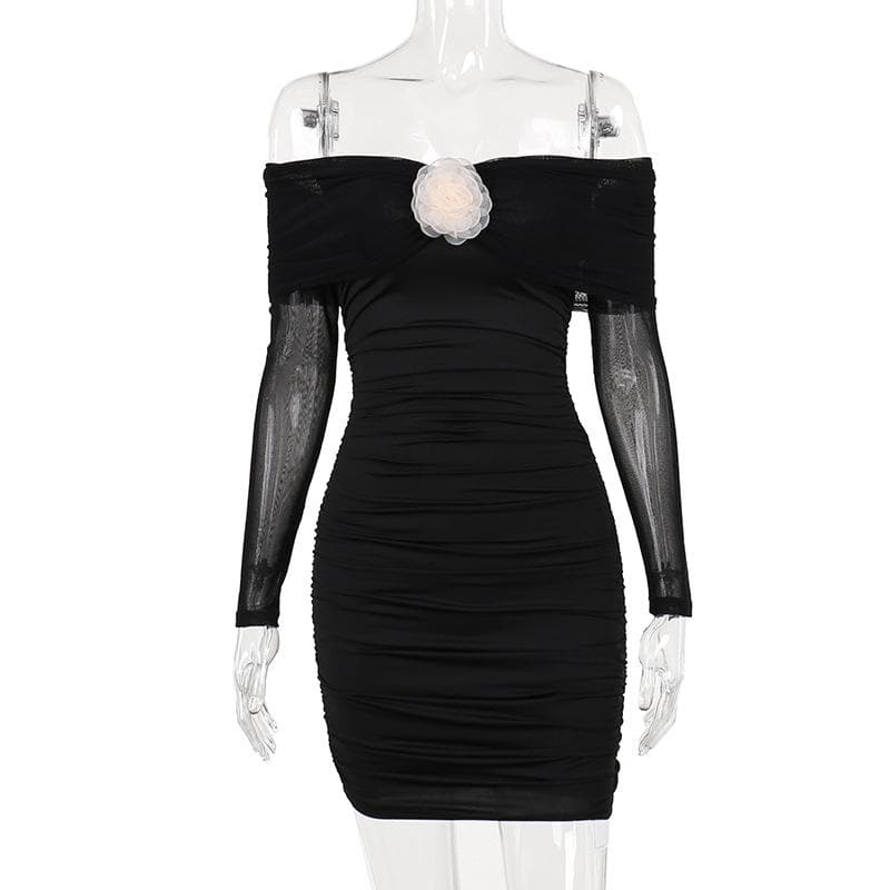 Off Shoulder Long Sleeve Ruched Rosette Bodycon Mini Dress