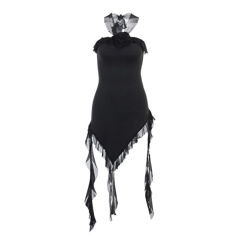 Strapless Flower Applique Ruffle Asymmetric Mini Dress