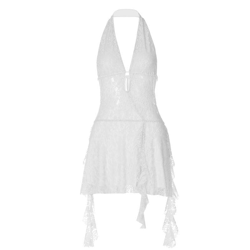 Lace Halter Deep V-Neck Ruffle Mini Dress