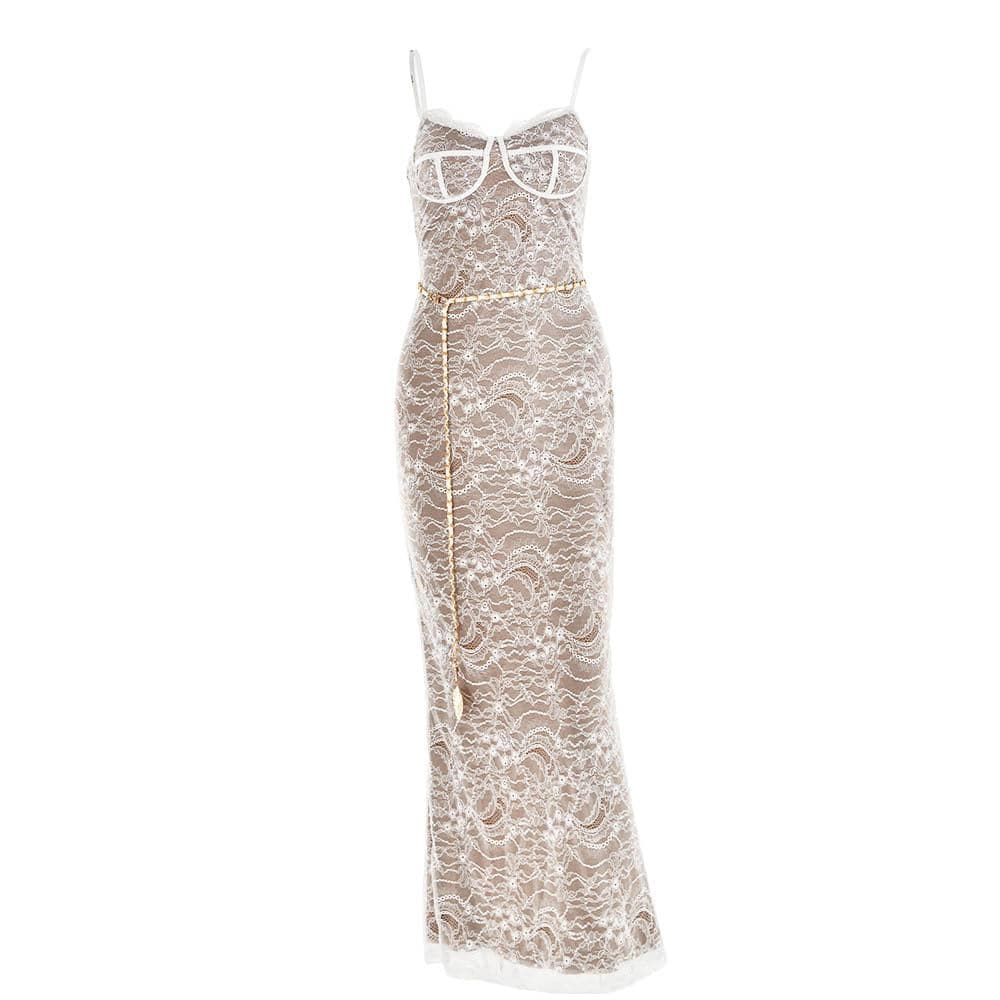 Lace contrast zip-up backless slit cami maxi dress 3