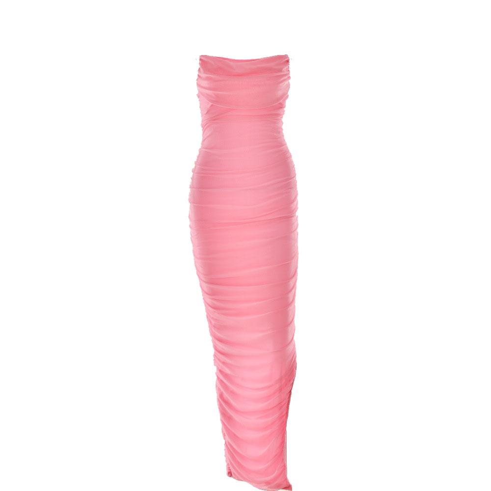 Mesh Zip Up Halter Ruched High Split Tube Dress - View 9