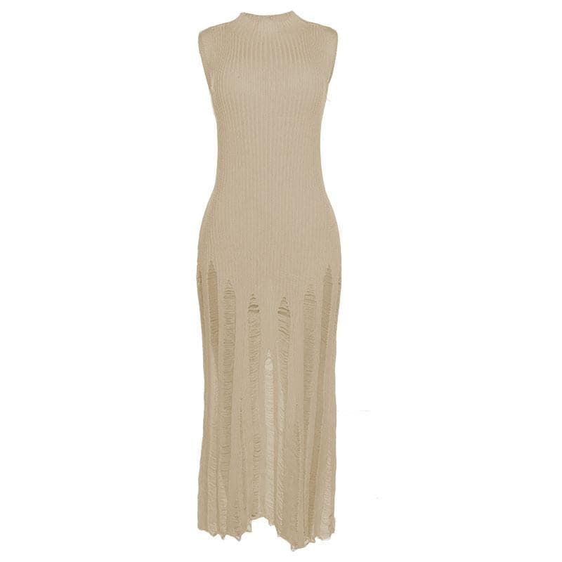 Ribbed Knit Mock Neck Sleeveless Distressed Shredded Maxi Dress