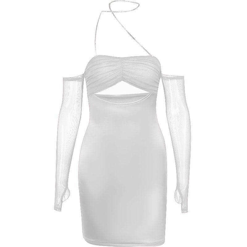 Mesh Glove Halter Neck Cut Out Ruched Bodycon Mini Dress