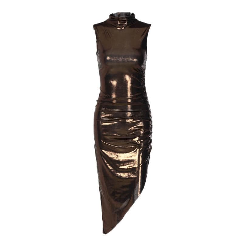 Metallic irregular high neck sleeveless ruched midi dress - View 11