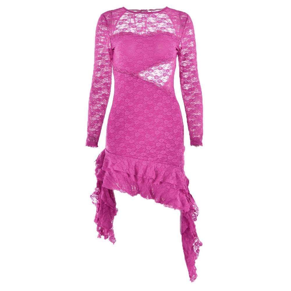 Lace backless solid ruffle long sleeve irregular mini dress 8