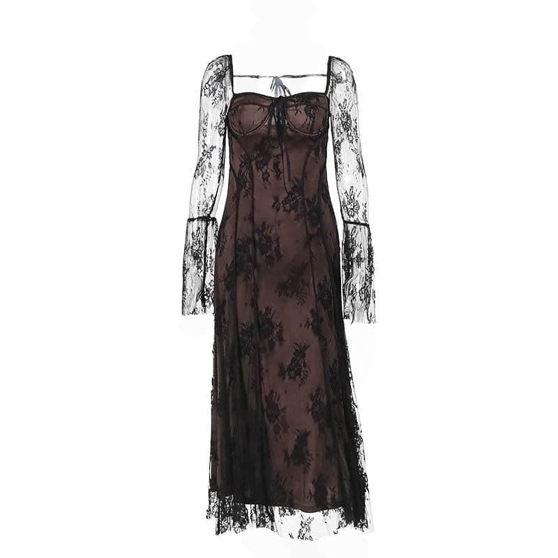 Long flared sleeve contrast zip-up lace self tie maxi dress - View 9