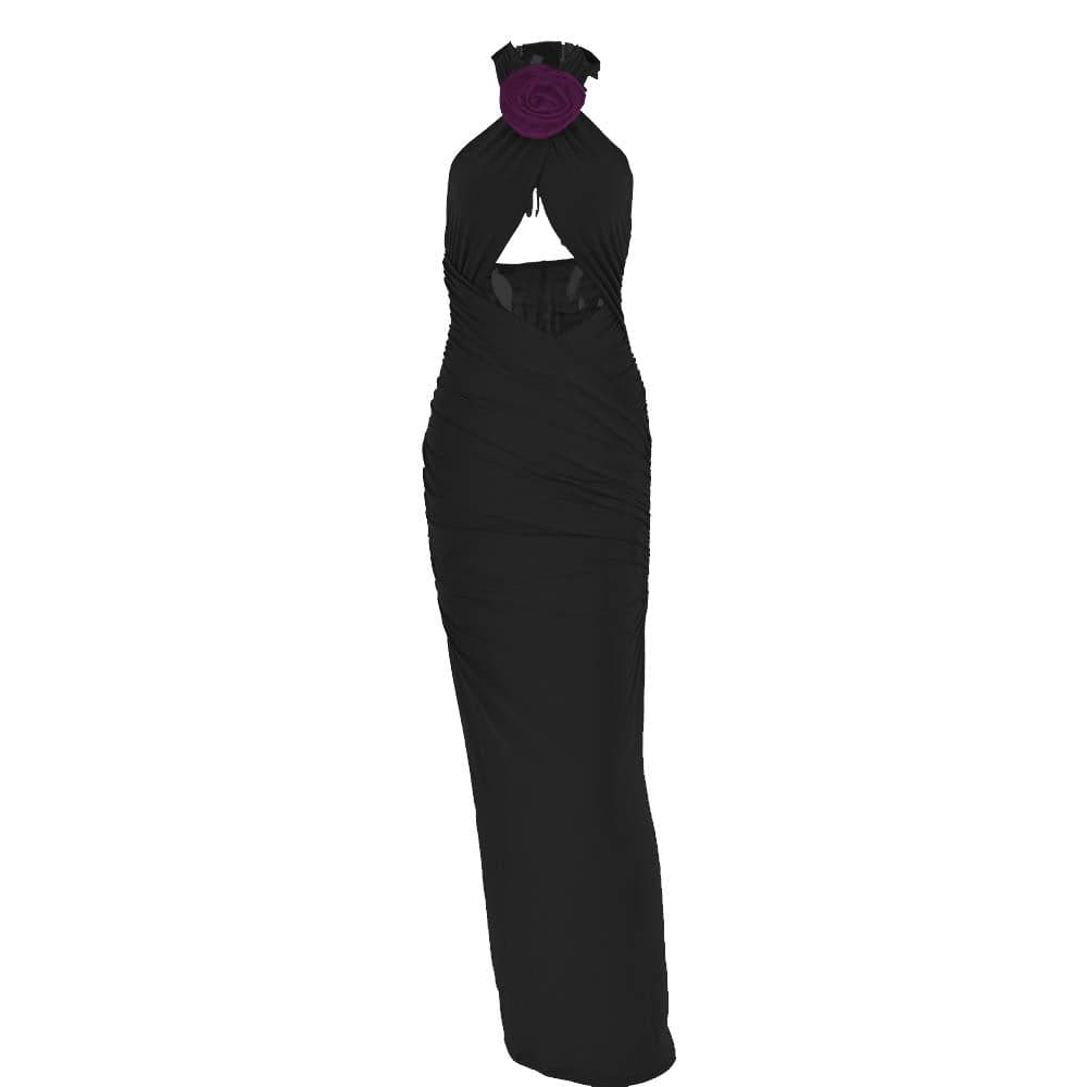 Halter Neck Flower Applique Cut Out Ruched Bodycon Maxi Dress