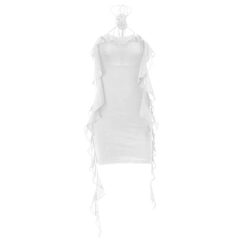 Halter Neck Flower Applique Ruffle Bodycon Mini Dress