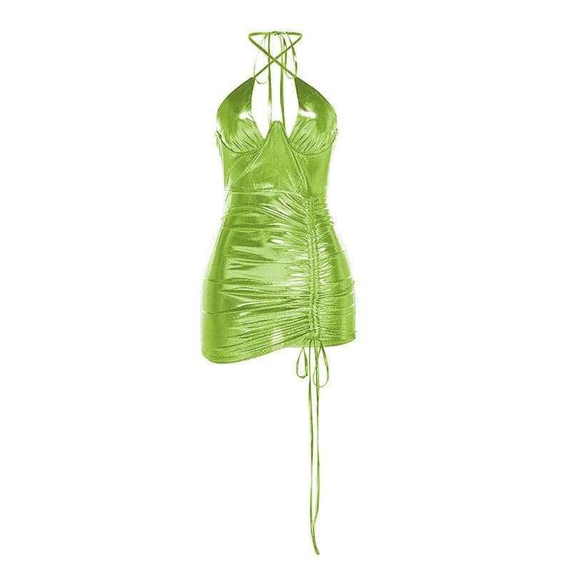 Metallic Halter Neck Ruched Drawstring Bodycon Mini Dress