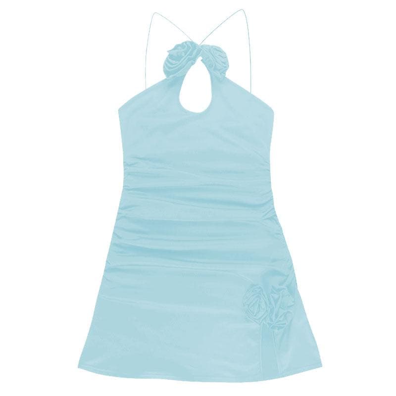 Rosette Appliqué Halter Cut Out Ruched Bodycon Mini Dress