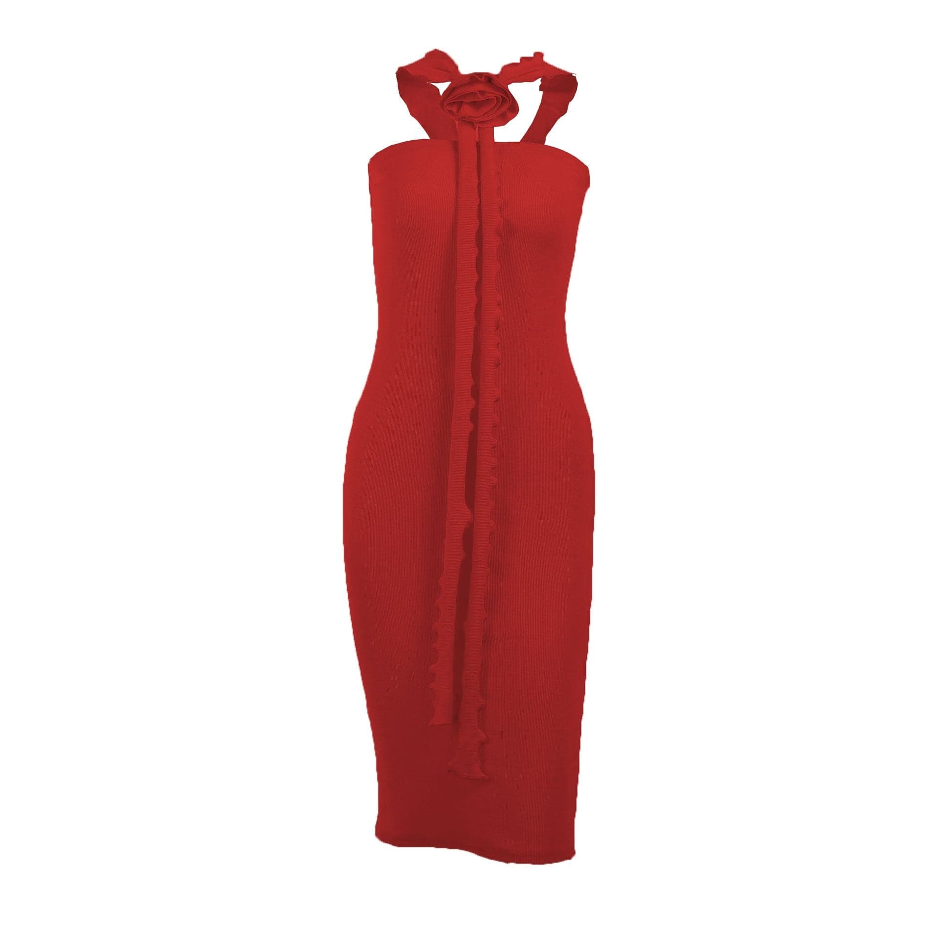 Ribbed Knit Halter Neck Flower Applique Ruffle Bodycon Midi Dress